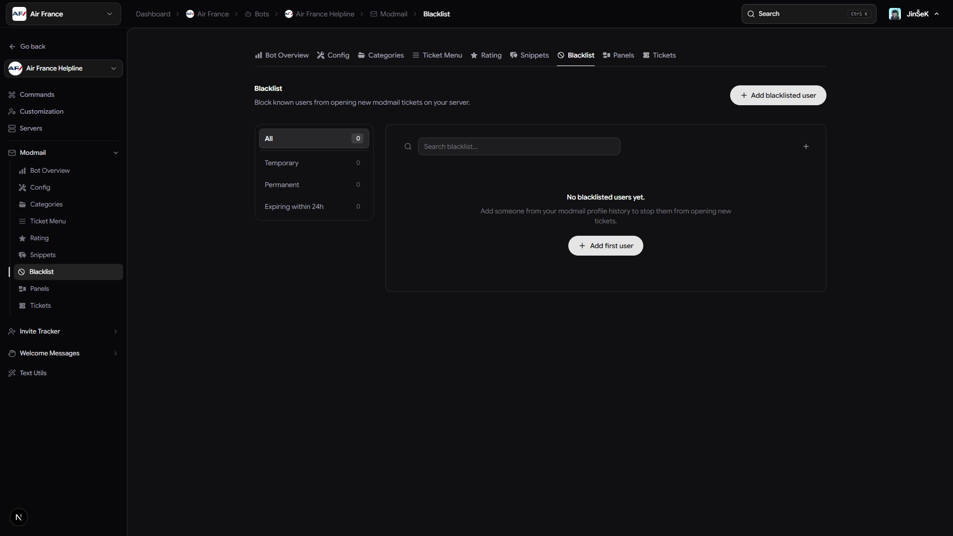 Blacklist filters and the Add blacklisted user button.