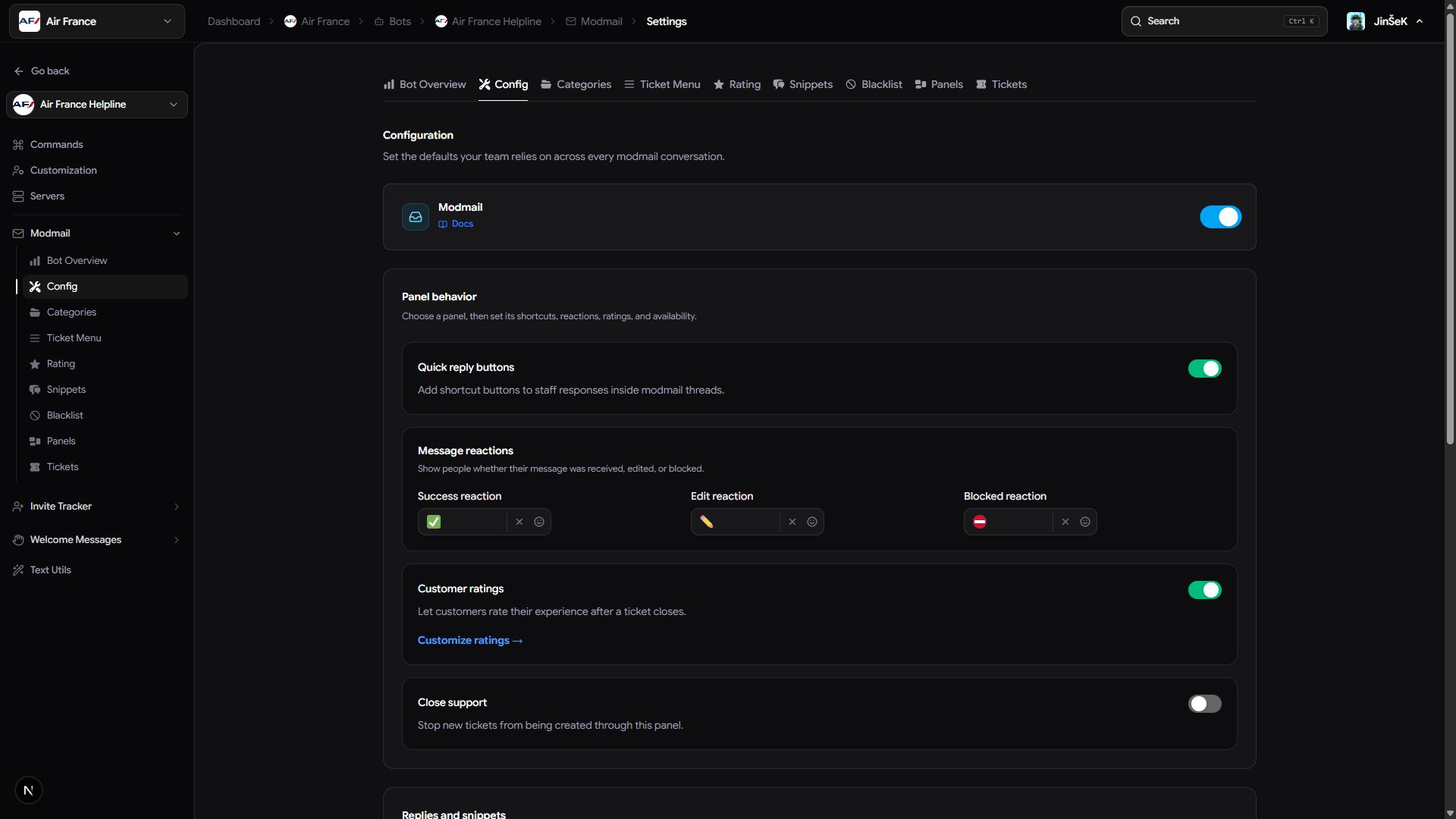 Modmail configuration for Air France Helpline, with the feature switch, ratings, reactions, and support availability.