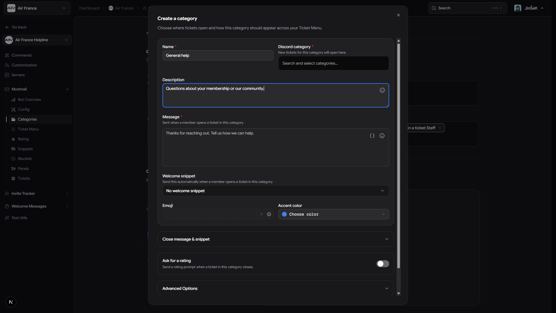Create a category dialog with a General help example, a Discord category picker, and an opening message.