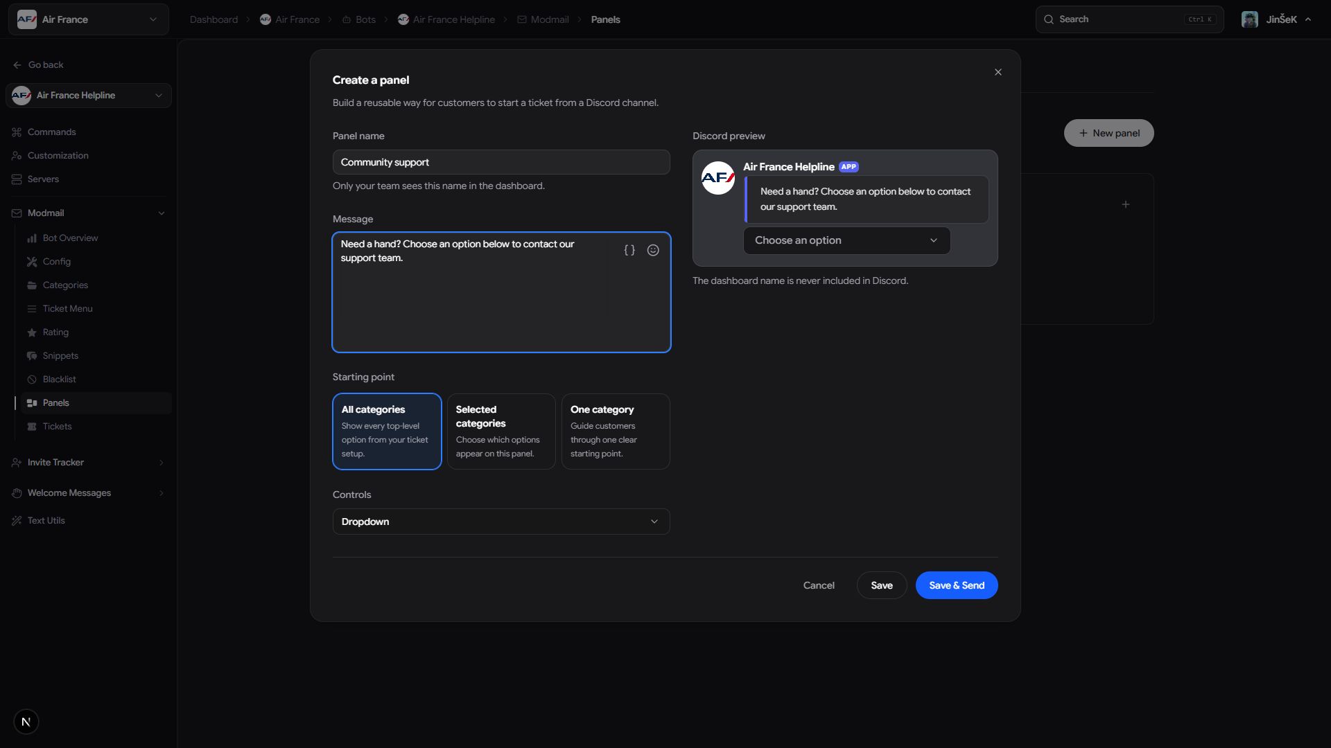 Panel editor with a Community support example, starting-point choices, controls, and a live Discord preview.