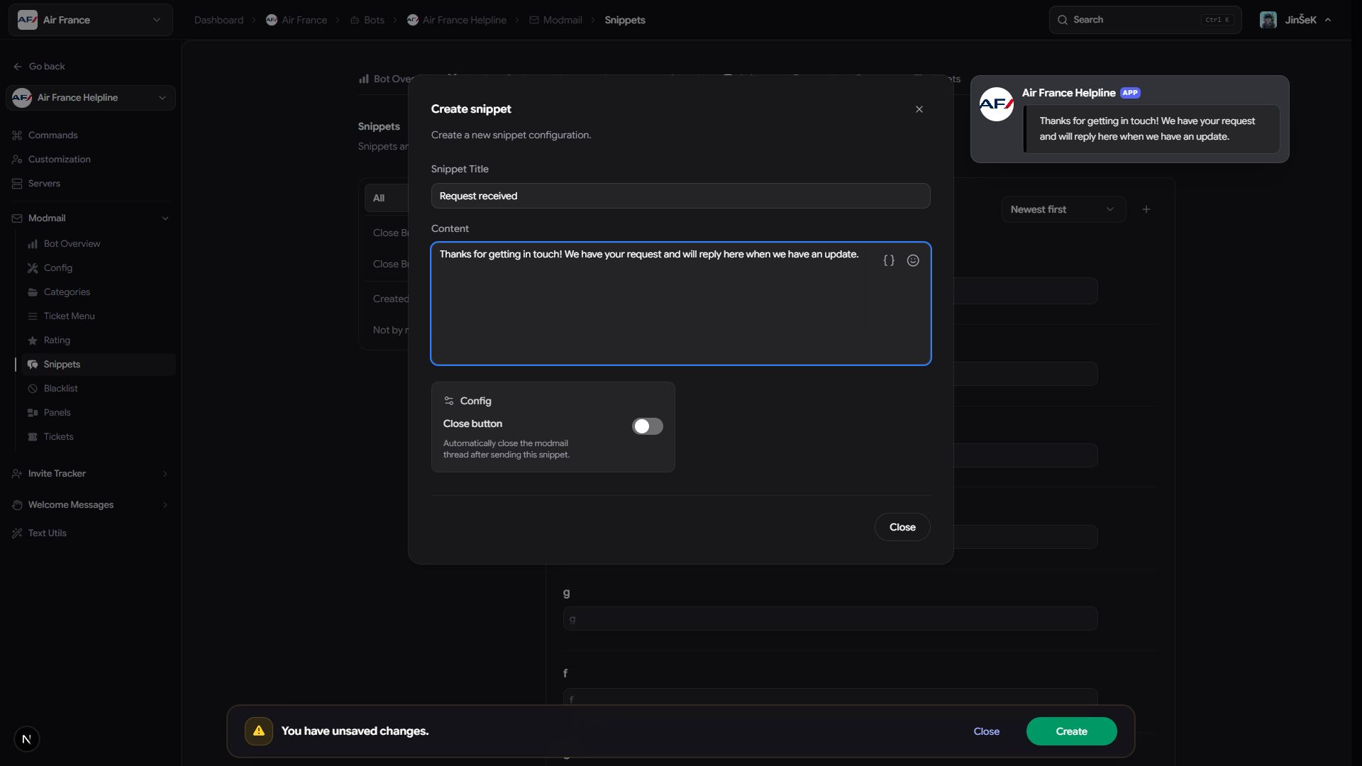 Snippet editor with a Request received example, content field, Close button setting, and Discord preview.