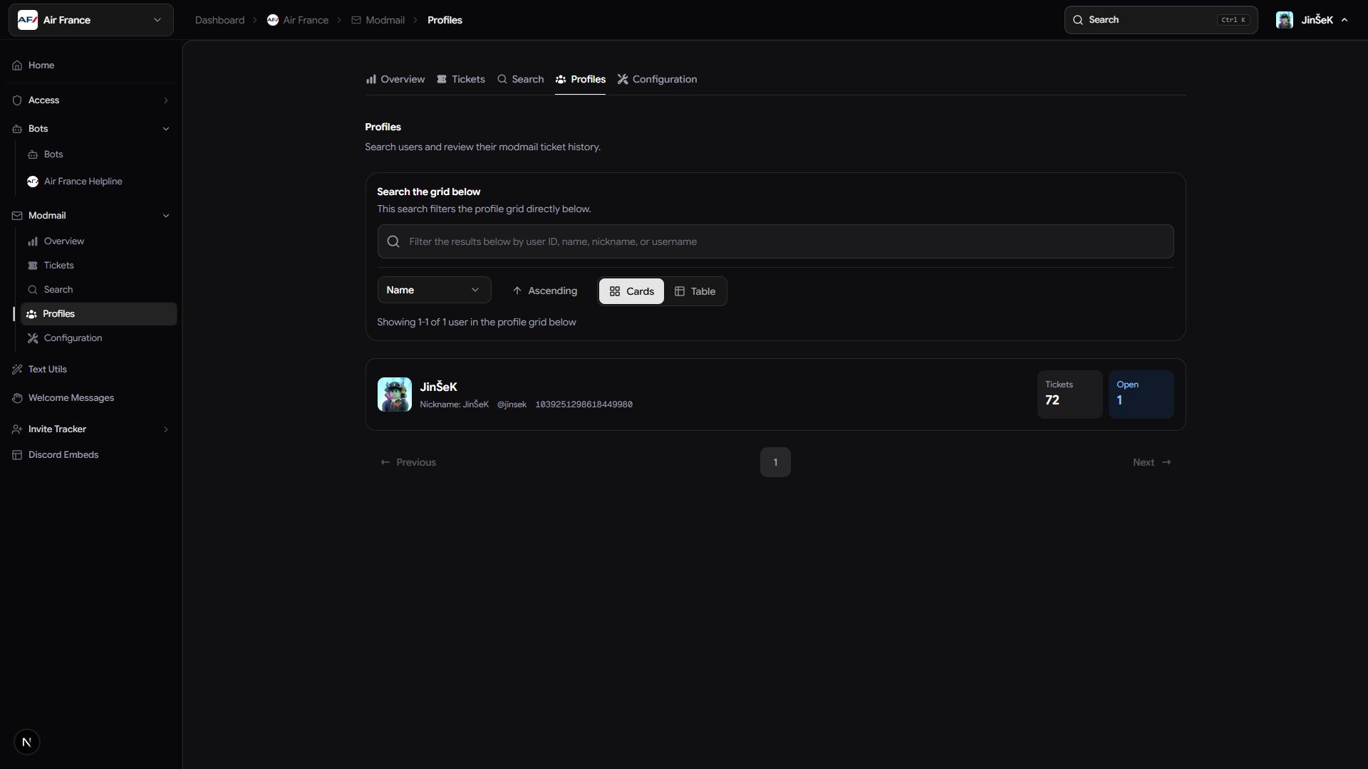 Member profiles with a name search, card and table views, and ticket counts.