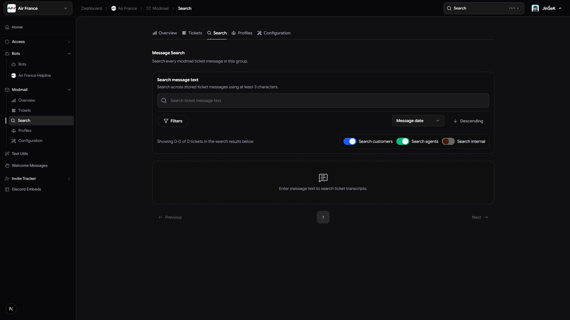 Search across ticket messages, with customer, agent, and internal message controls.