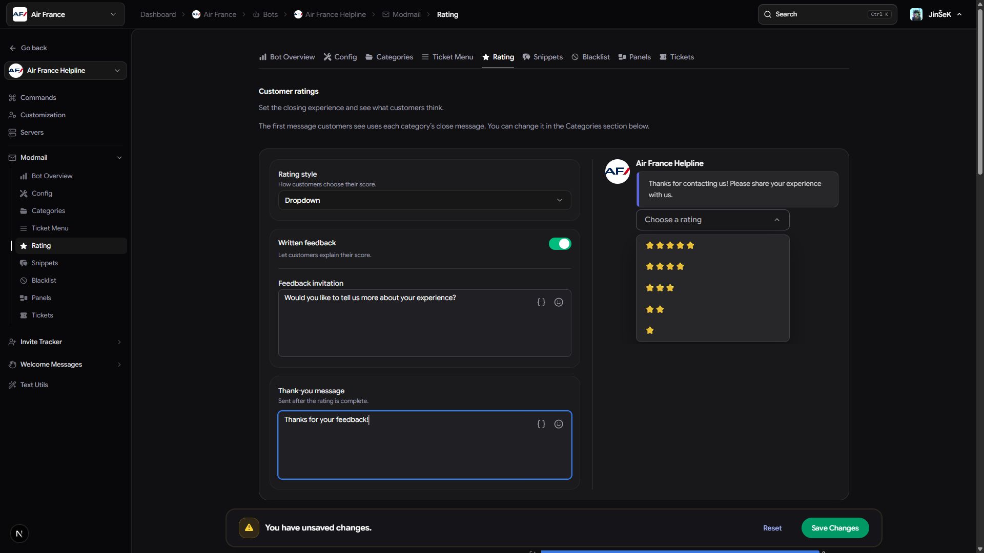 Customer rating settings with a dropdown preview, written feedback switch, invitation, and thank-you message.
