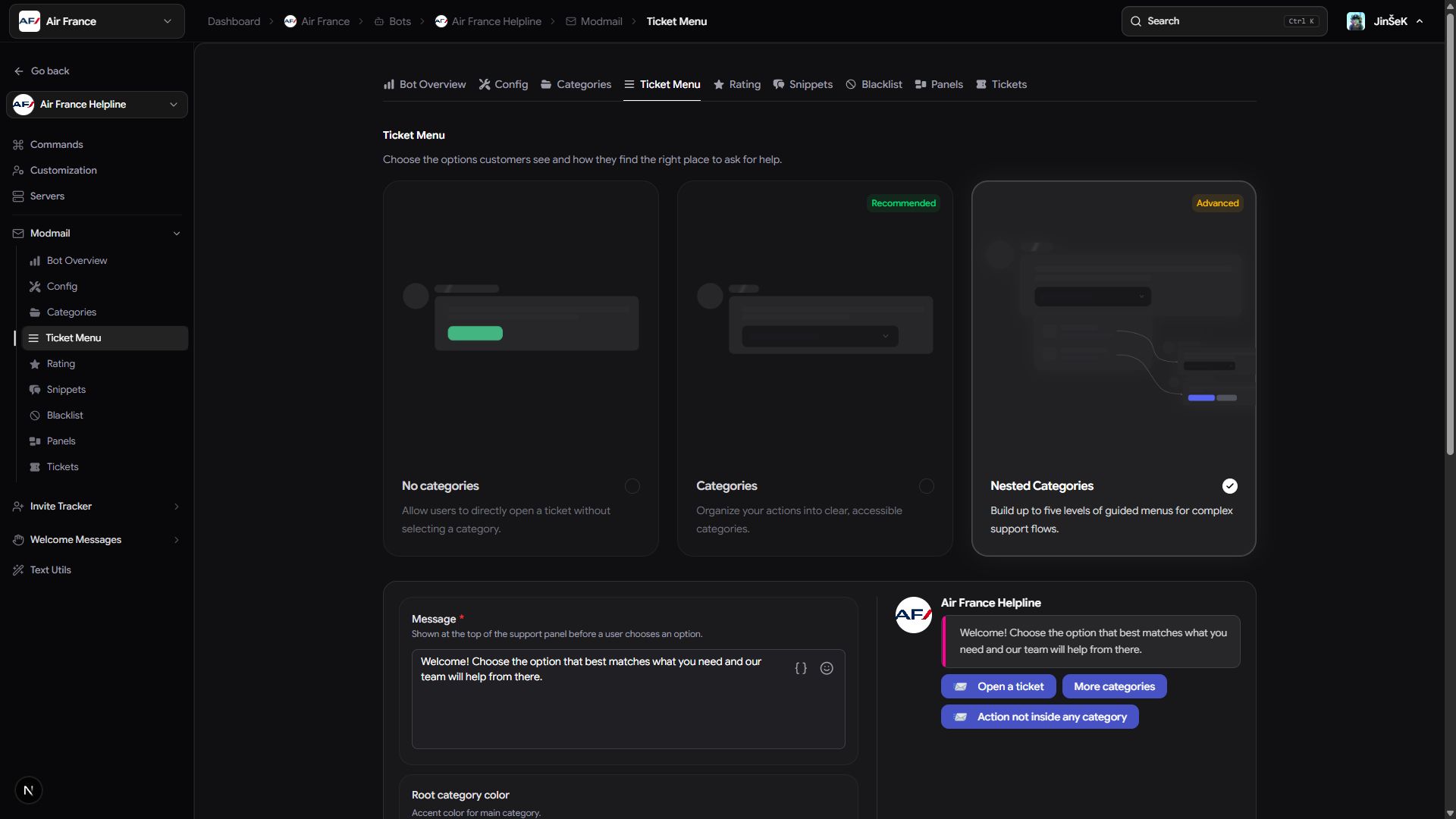 Ticket Menu style choices: No categories, Categories, and Nested Categories.